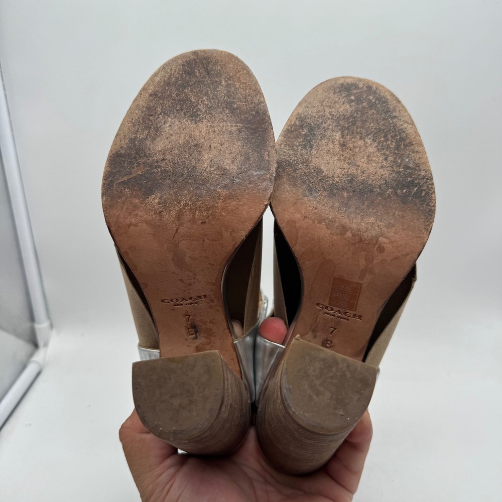 Coach Lexey Mirror Metallic Silver Leather Sandals Block Heel Ankle Strap 7‎ B - Picture 6 of 7